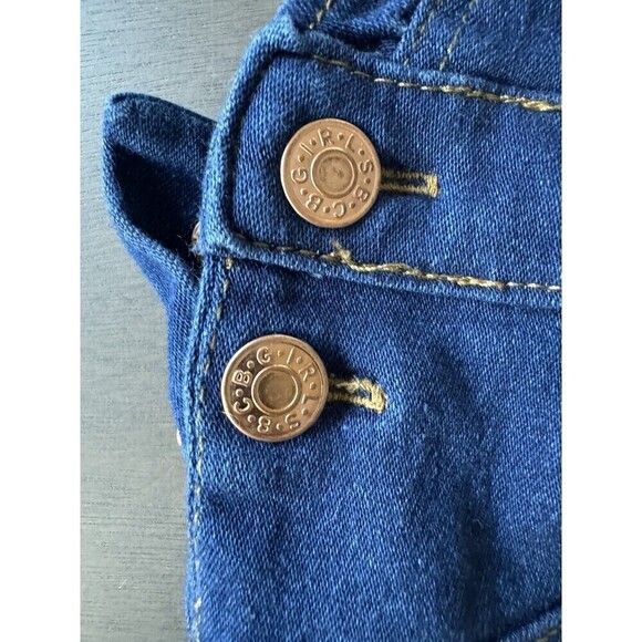 BCBG Overall dress - Girls Sz 6X Denim with pink embroidery bronze button - Picture 4 of 7